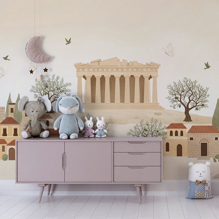 Papel de parede para quarto infantil | Decoração inspirada na Antiguidade com templos e casas mediterrânicas