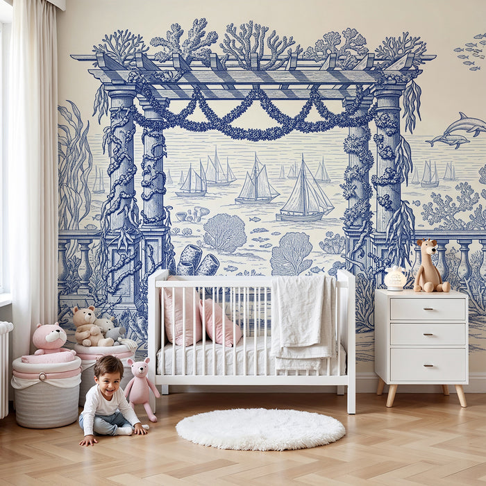 Papel de parede para quarto infantil | Decoração marinha com tartarugas e golfinhos numa paisagem subaquática