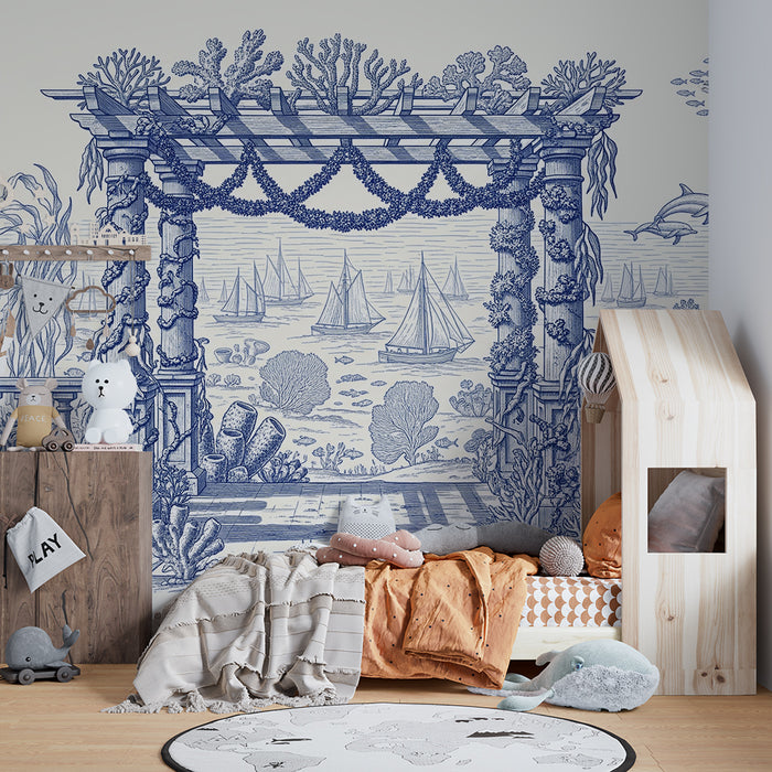 Papel de parede para quarto infantil | Decoração marinha com tartarugas e golfinhos numa paisagem subaquática