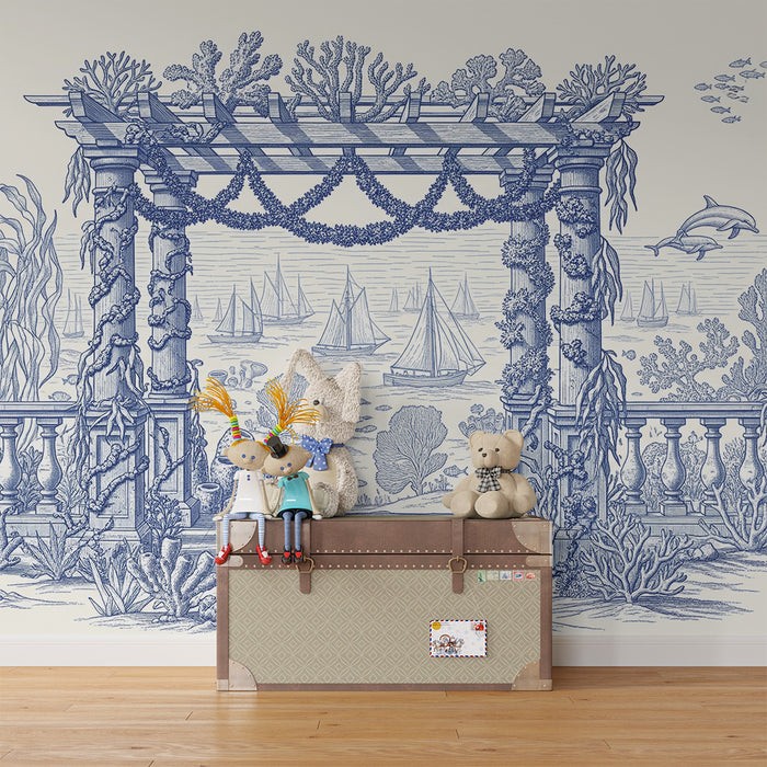 Papel de parede para quarto infantil | Decoração marinha com tartarugas e golfinhos numa paisagem subaquática