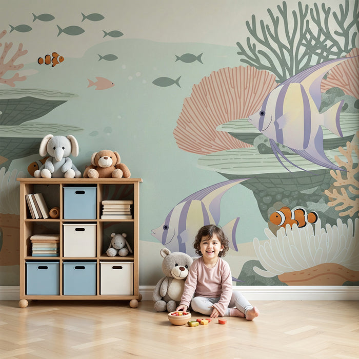 **Kinderzimmer-Tapete | Buntes Meeresdekor mit tropischen Fischen zwischen Korallen**