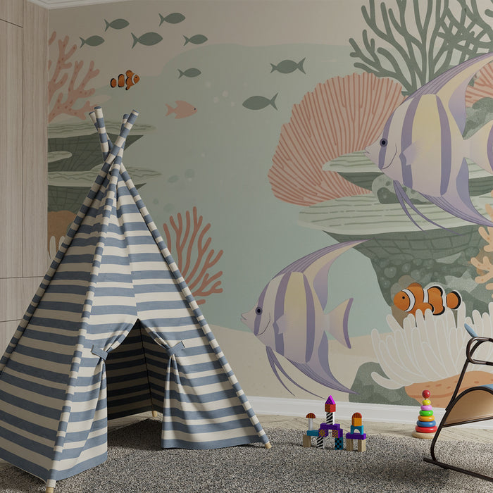**Kinderzimmer-Tapete | Buntes Meeresdekor mit tropischen Fischen zwischen Korallen**