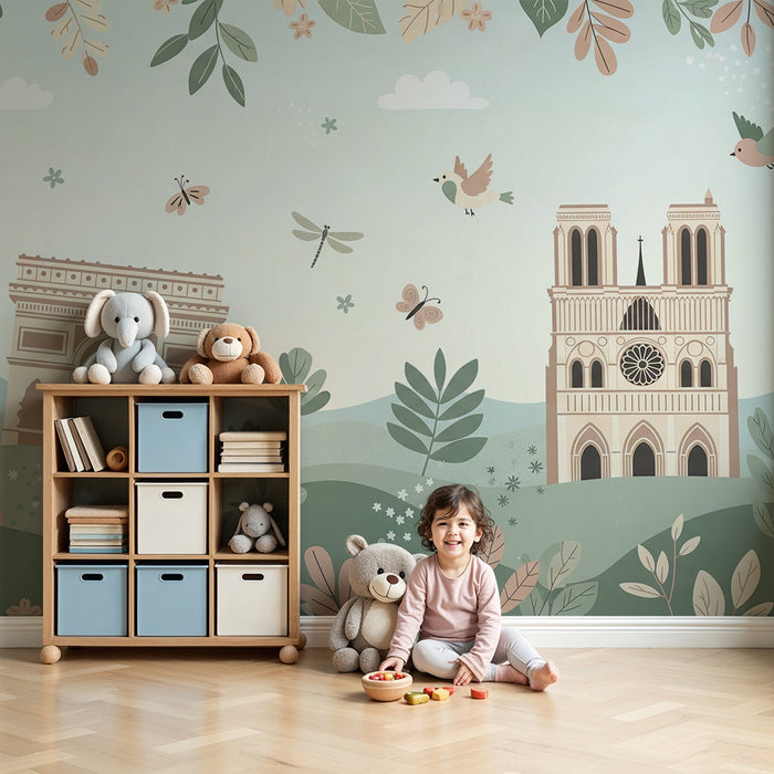 Iată textul tradus în limba română, într-un stil natural și potrivit pentru un site de comerț electronic:

**Tapet pentru camera copiilor | Decor parizian cu Turnul Eiffel și Notre-Dame, înconjurate de natură**