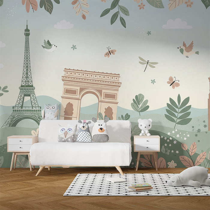 Iată textul tradus în limba română, într-un stil natural și potrivit pentru un site de comerț electronic:

**Tapet pentru camera copiilor | Decor parizian cu Turnul Eiffel și Notre-Dame, înconjurate de natură**
