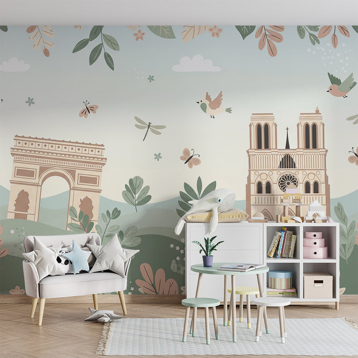 Iată textul tradus în limba română, într-un stil natural și potrivit pentru un site de comerț electronic:

**Tapet pentru camera copiilor | Decor parizian cu Turnul Eiffel și Notre-Dame, înconjurate de natură**