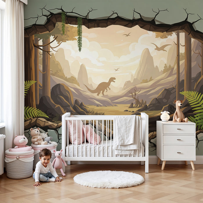 **Papier peint chambre enfant | Décor préhistorique avec dinosaures et paysages naturels**

**Deutsch:**

Kinderzimmer-Tapete | Prähistorisches Design mit Dinosauriern und Naturlandschaften