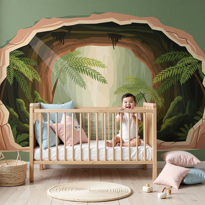 Papier peint chambre enfant | Découverte d'une grotte tropicale avec rivière et végétation luxuriante