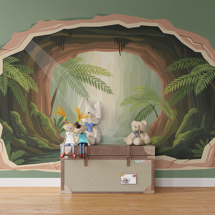 Papier peint chambre enfant | Découverte d'une grotte tropicale avec rivière et végétation luxuriante