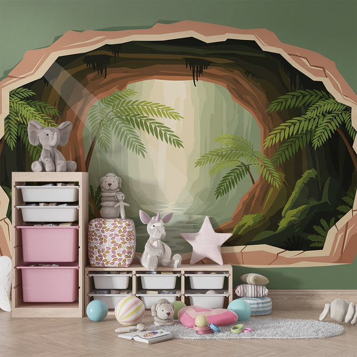 Papier peint chambre enfant | Découverte d'une grotte tropicale avec rivière et végétation luxuriante