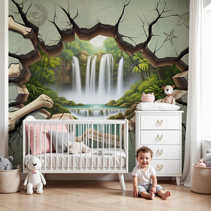 Papier peint chambre enfant | Découverte d'une jungle préhistorique avec fossiles et cascades