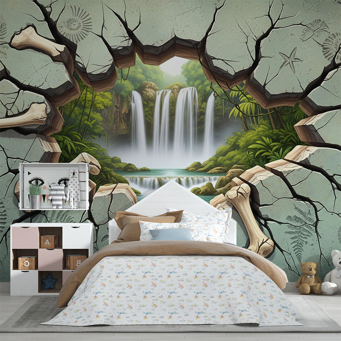 Papier peint chambre enfant | Découverte d'une jungle préhistorique avec fossiles et cascades
