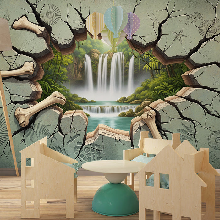 Papier peint chambre enfant | Découverte d'une jungle préhistorique avec fossiles et cascades