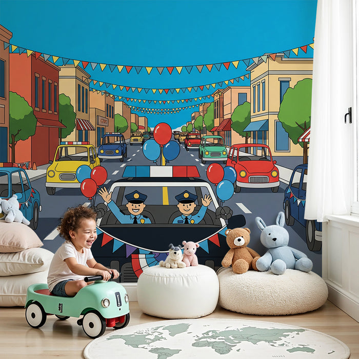 Papel pintado infantil | Desfile de coches y policías divertidos