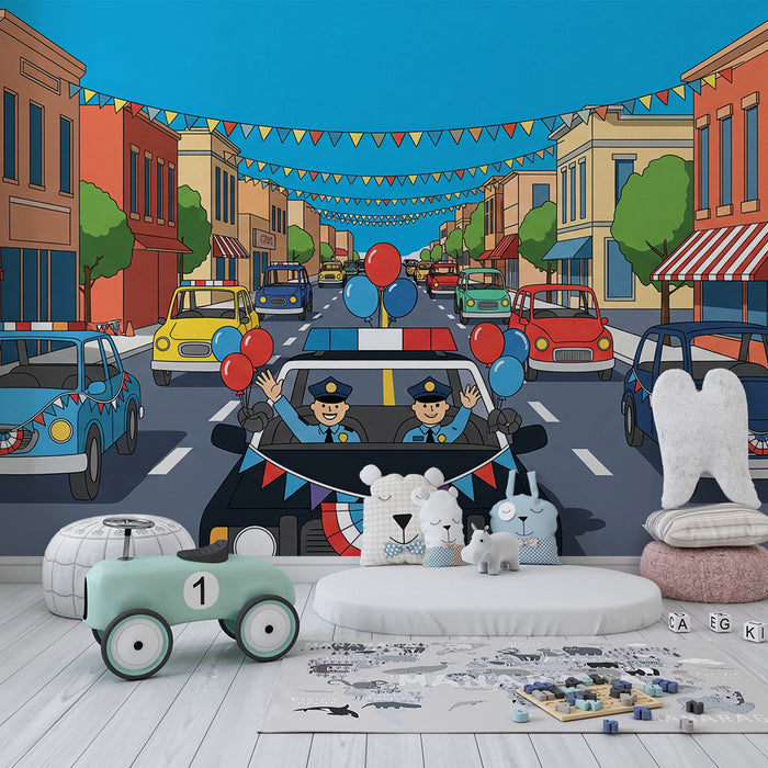 Papel pintado infantil | Desfile de coches y policías divertidos