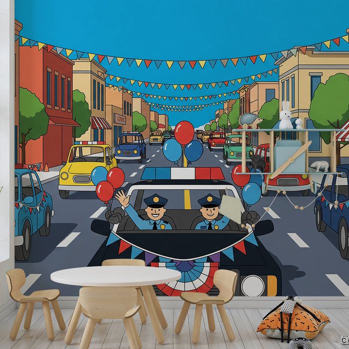Papel pintado infantil | Desfile de coches y policías divertidos
