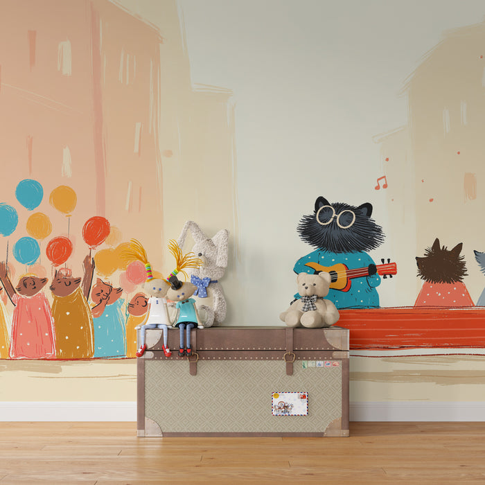 Papier peint chambre enfant | Défilé joyeux de petits animaux musiciens