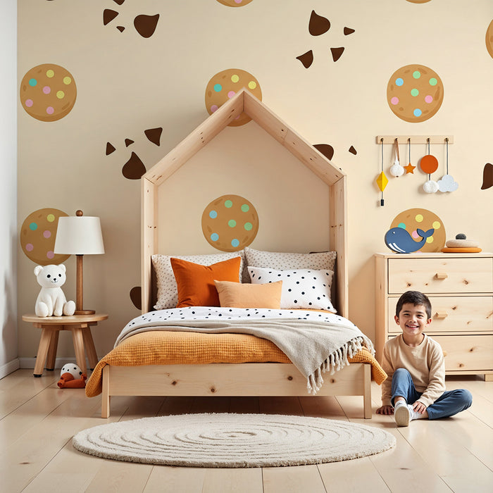 Papel de parede para quarto de criança | Bolachas e gotas de chocolate sobre fundo creme