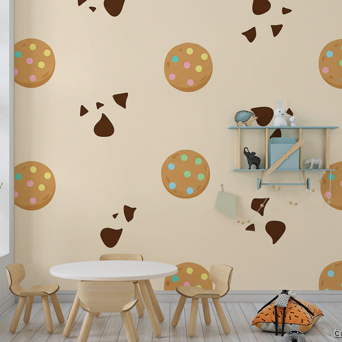 Papel de parede para quarto de criança | Bolachas e gotas de chocolate sobre fundo creme