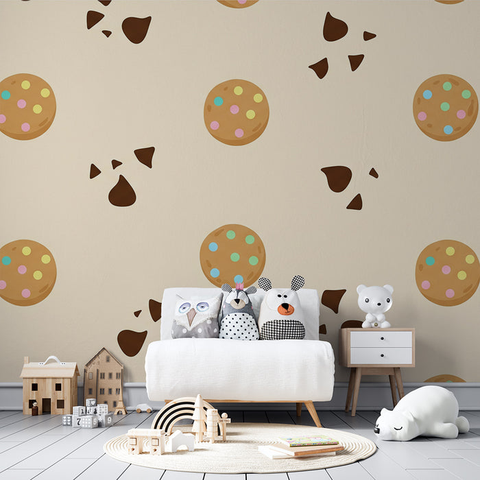 Papel de parede para quarto de criança | Bolachas e gotas de chocolate sobre fundo creme