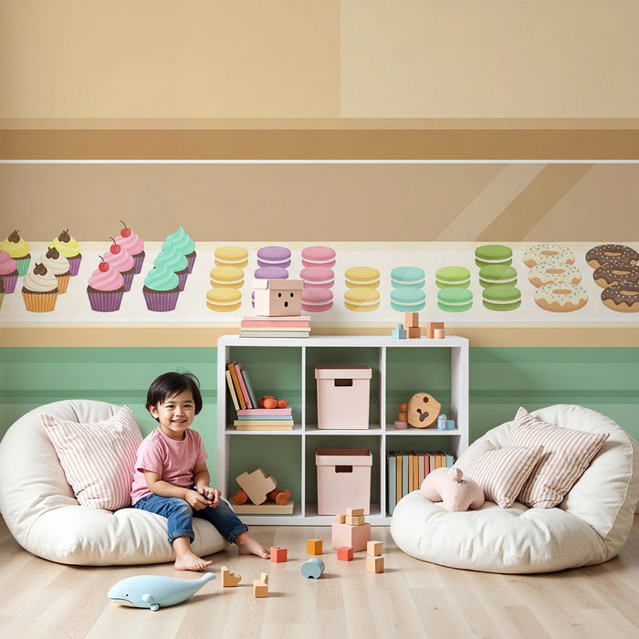 Papel de parede para quarto de criança | Doces coloridos com cupcakes e macarons