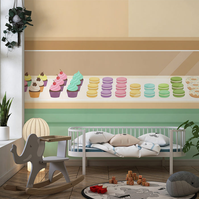 Papel de parede para quarto de criança | Doces coloridos com cupcakes e macarons