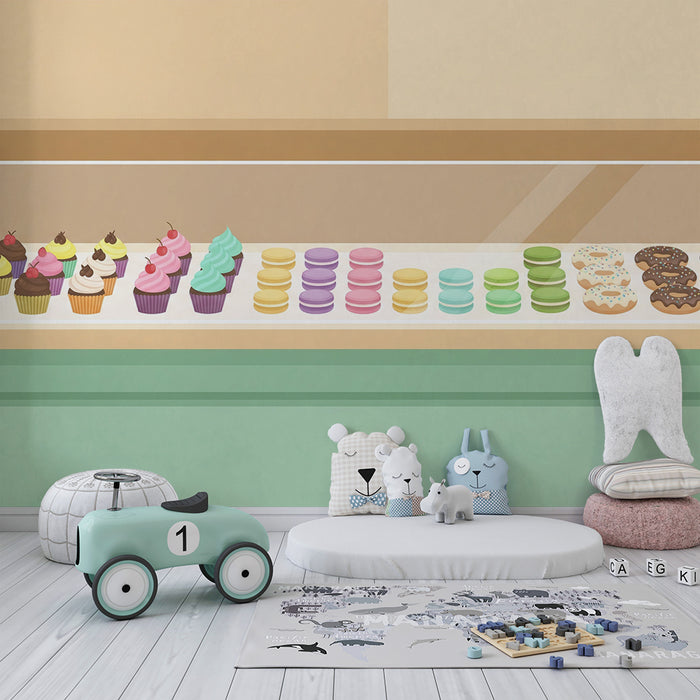 Papel de parede para quarto de criança | Doces coloridos com cupcakes e macarons