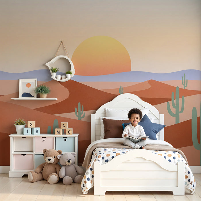 Kids room wallpaper | Colorful desert with cactus and sunset