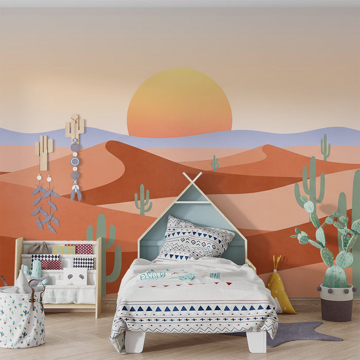 Kids room wallpaper | Colorful desert with cactus and sunset