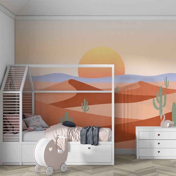 Kids room wallpaper | Colorful desert with cactus and sunset