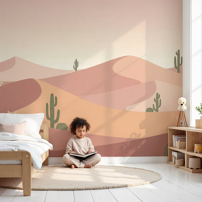 Behang kinderkamer | Pastelwoestijn met vossen en cactussen