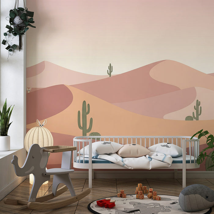 Behang kinderkamer | Pastelwoestijn met vossen en cactussen