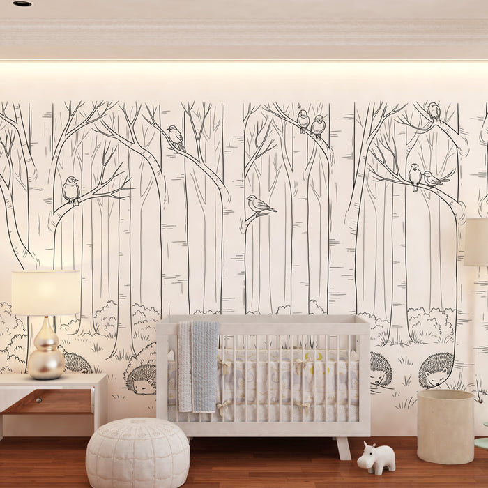 Papel de parede criança | Relaxamento na floresta com ouriços e pássaros