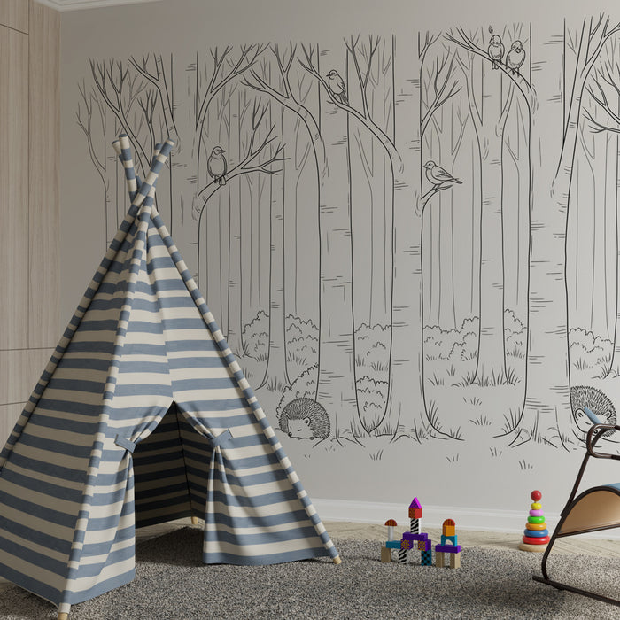 Papel de parede criança | Relaxamento na floresta com ouriços e pássaros