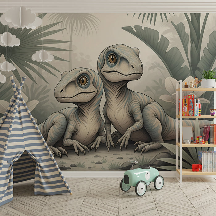 Barntapet | Två bedårande dinosaurier i en grönskande djungel