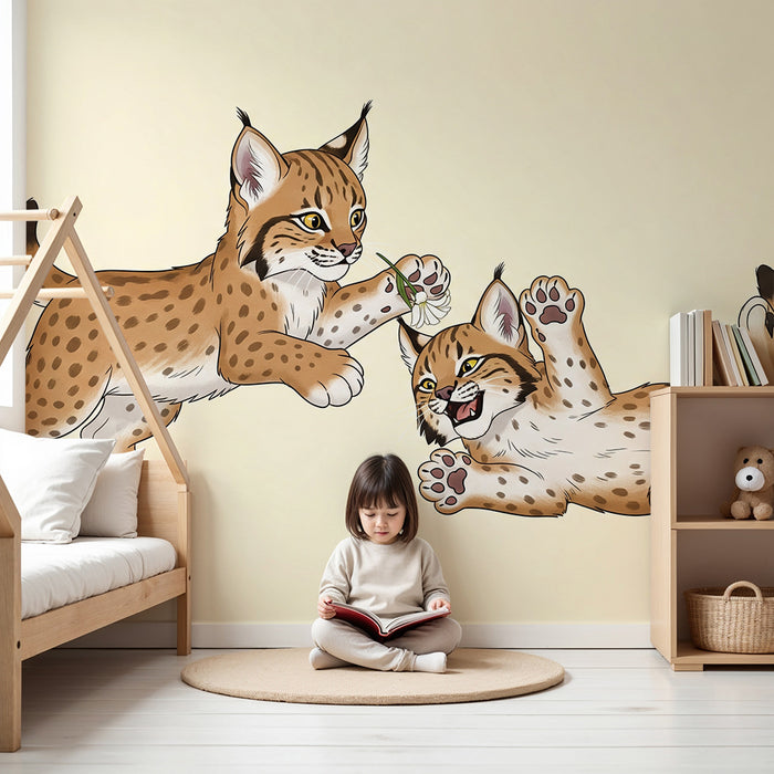 Papier peint chambre enfant | Deux adorables lynx jouant ensemble