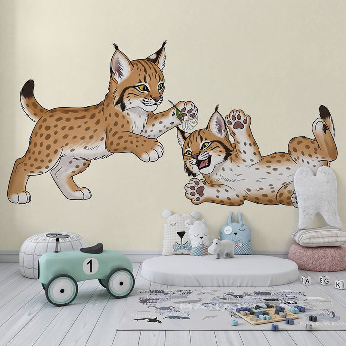 Papier peint chambre enfant | Deux adorables lynx jouant ensemble