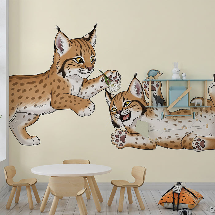Papier peint chambre enfant | Deux adorables lynx jouant ensemble