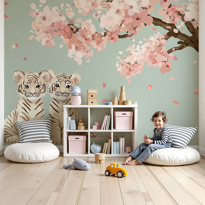 Kids room wallpaper | Two adorable tigers under a cherry blossom tree