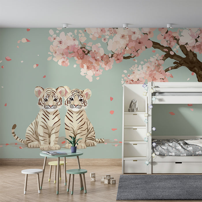 Kids room wallpaper | Two adorable tigers under a cherry blossom tree