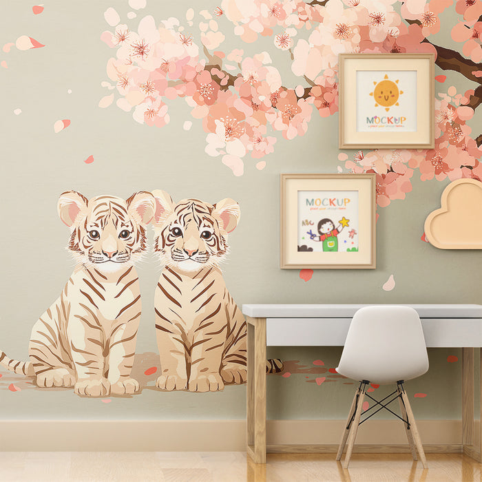 Kids room wallpaper | Two adorable tigers under a cherry blossom tree