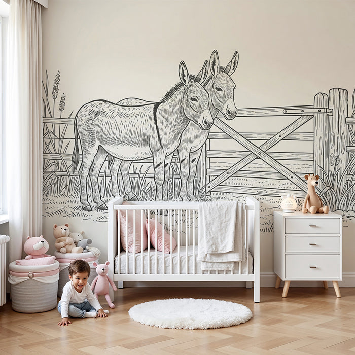 Behang kinderkamer | Twee schattige ezels voor een houten hek