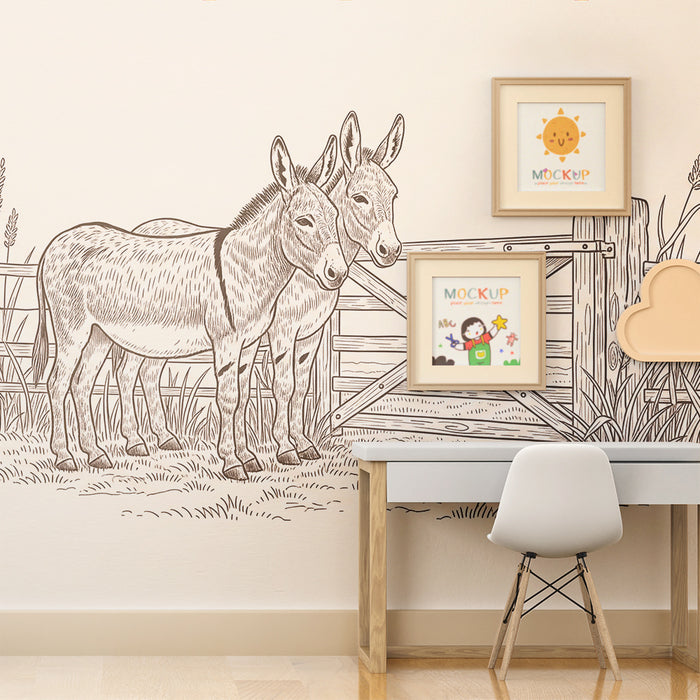 Behang kinderkamer | Twee schattige ezels voor een houten hek