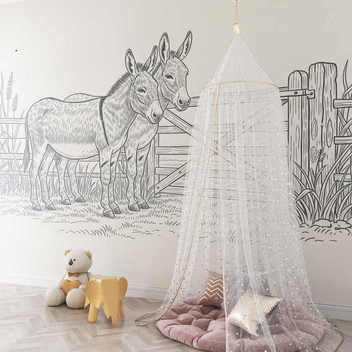 Behang kinderkamer | Twee schattige ezels voor een houten hek