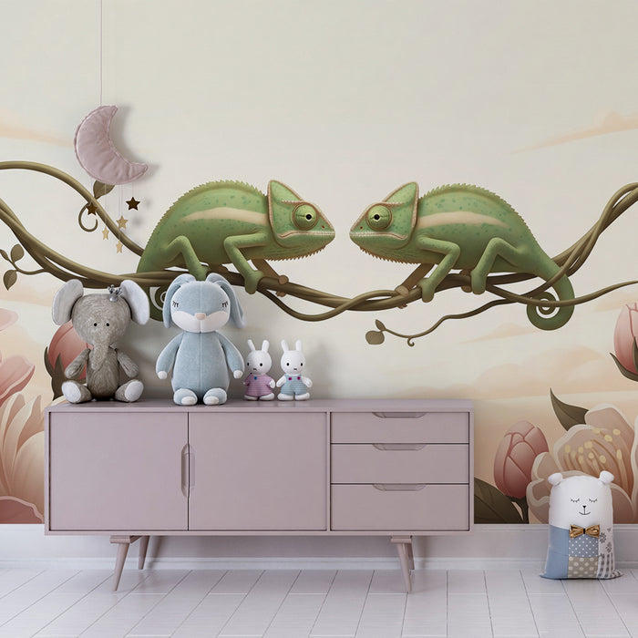 Tapeta do detskej izby | Dva chameleóny na konári s jemnými kvetmi