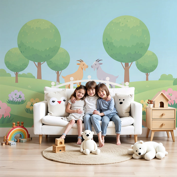 Kinderzimmer Tapete | Zwei Ziegen auf einer Brücke in einer grünen Landschaft