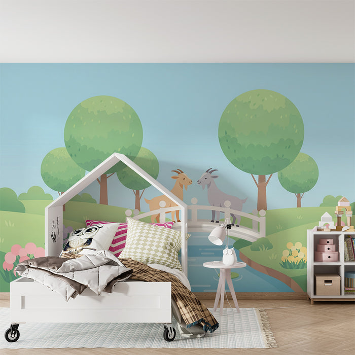 Kinderzimmer Tapete | Zwei Ziegen auf einer Brücke in einer grünen Landschaft