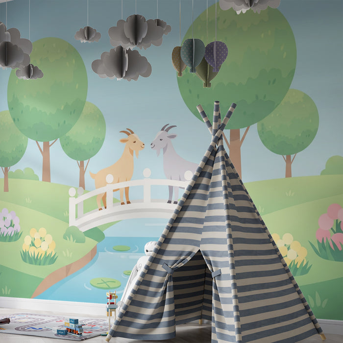 Kinderzimmer Tapete | Zwei Ziegen auf einer Brücke in einer grünen Landschaft