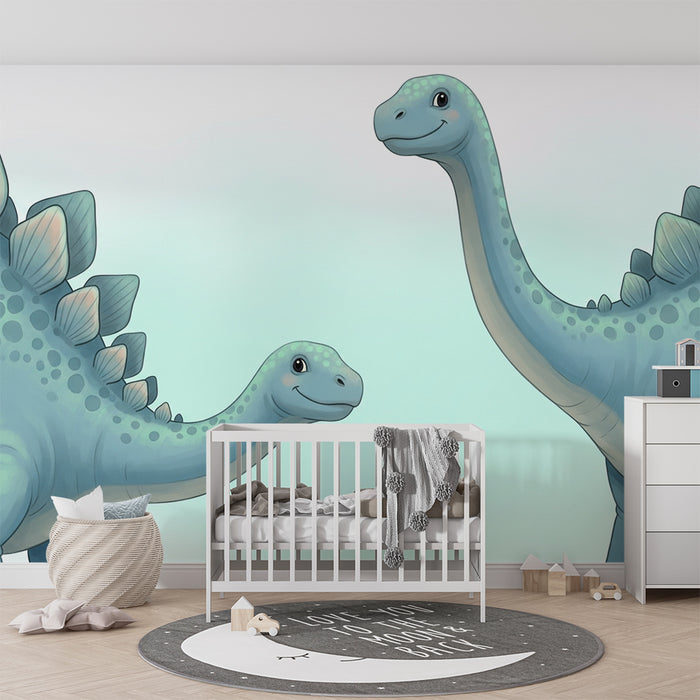 Papel de parede criança | Dois dinossauros sorridentes num ambiente tranquilo