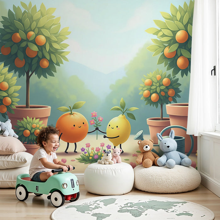 Papel de parede para quarto de criança | Dois frutos alegres num jardim florido