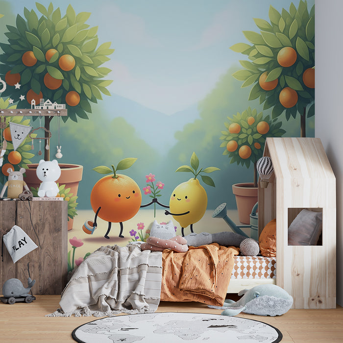 Papel de parede para quarto de criança | Dois frutos alegres num jardim florido